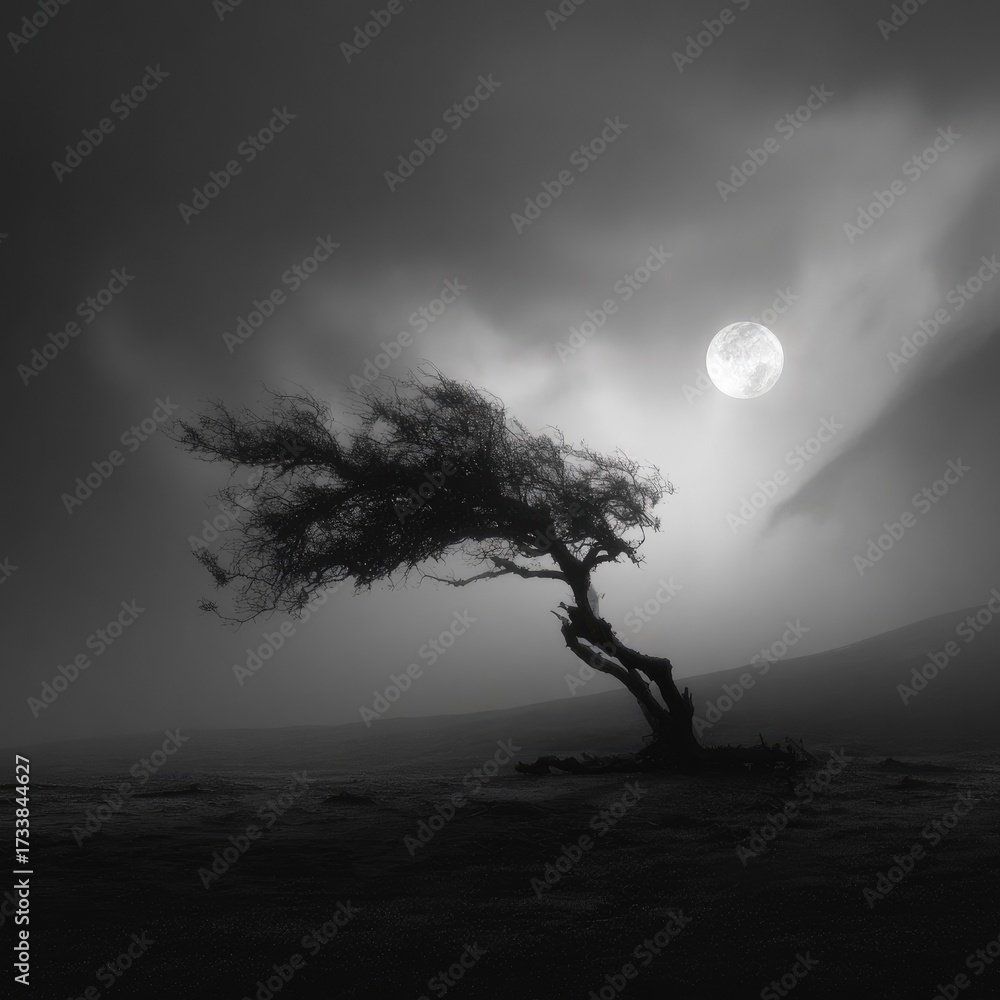 Fototapeta premium A lone tree stands in a misty, moonlit landscape, its branches reaching out towards the full moon. 