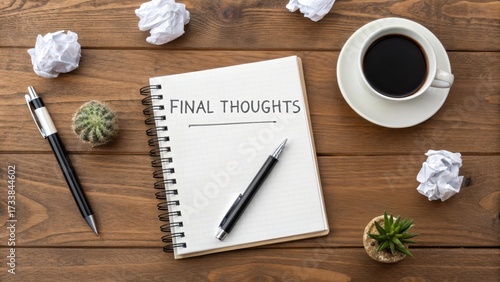 Notebook with final thoughts on a wooden table with pen and coffee