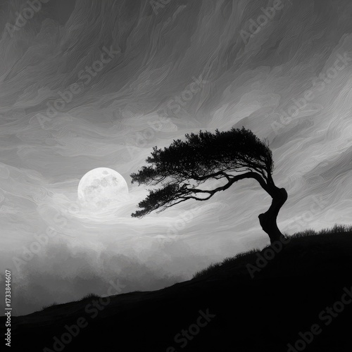 A lone tree standing on a hillside, silhouetted against a full moon and swirling clouds, with a dramatic, moody atmosphere. The tree's branches are bent and twisted, suggesting a strong wind. 