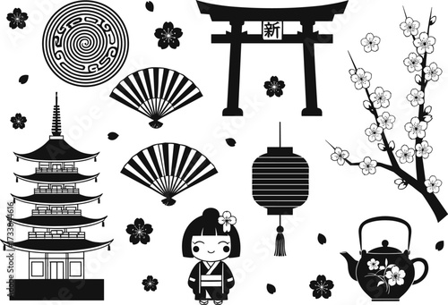 Traditional Japanese culture vector illustration, cherry blossom, torii gate, pagoda, tea kettle, lantern, kimono character, fans, heritage symbols, black and white design