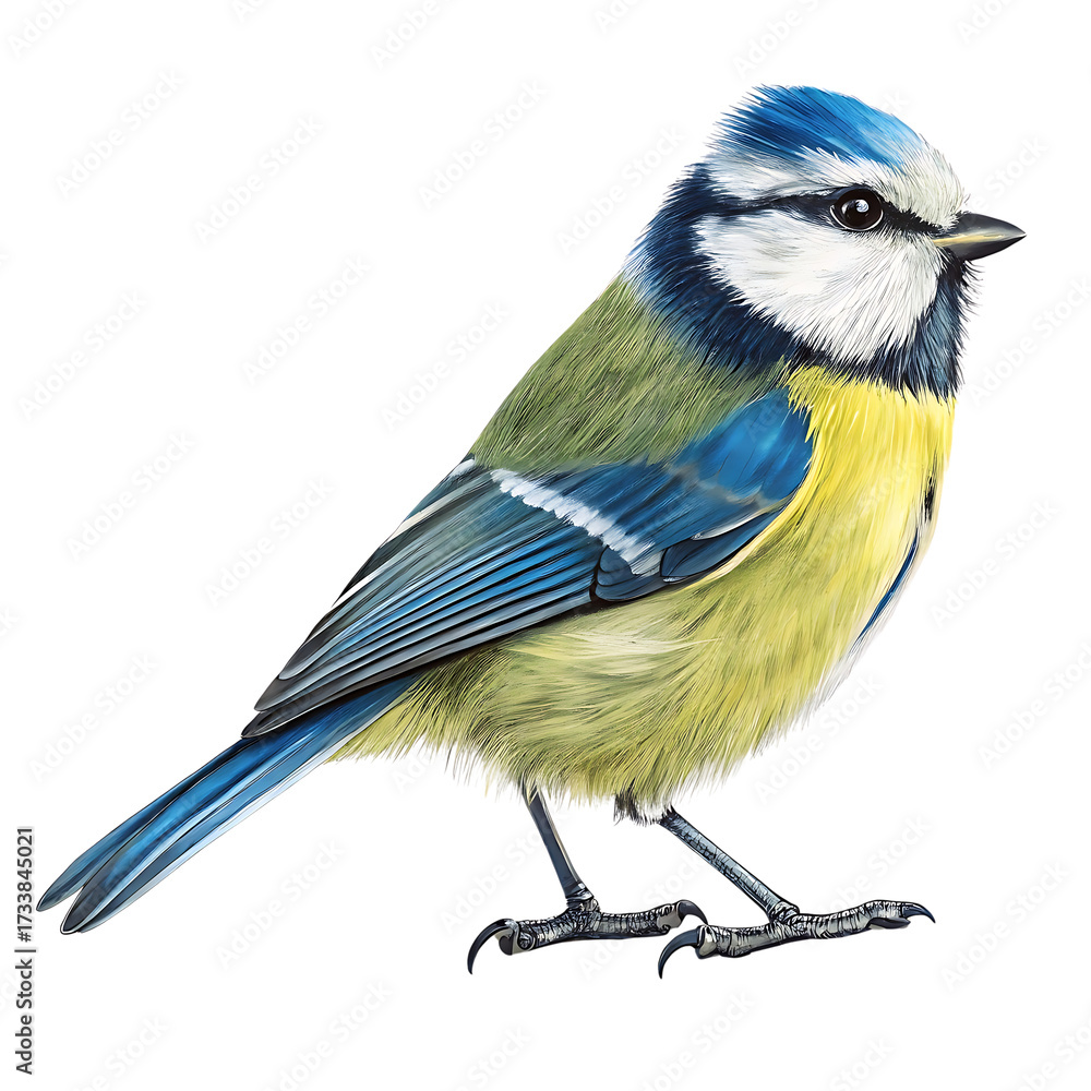 Obraz premium Detailed illustration of a beautiful blue tit bird isolated on black background showcasing vibrant plumage and delicate features perfect for nature enthusiasts