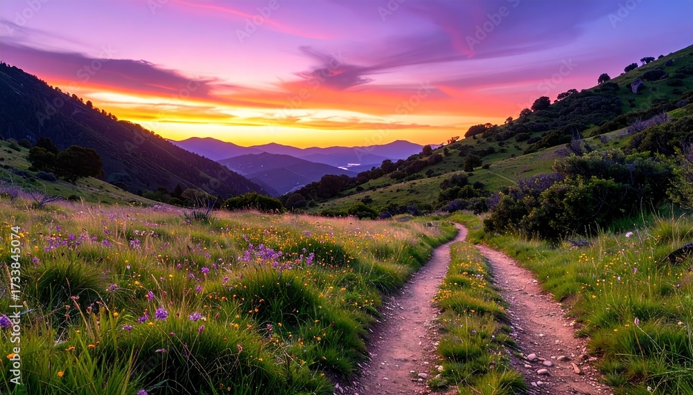 Fototapeta premium A scenic dirt path winds through a vibrant meadow, bathed in the warm hues of a breathtaking sunset over rolling hills.