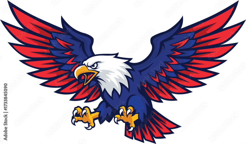 Fototapeta premium American bald eagle sports mascot in an attacking pose with red, white, and blue wings for a team emblem
