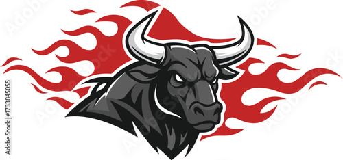 Angry black bull mascot logo with a red flame background, a powerful vector emblem for a sports team or brand