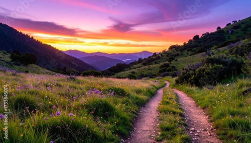 A scenic dirt path winds through a vibrant meadow, bathed in the warm hues of a breathtaking sunset over rolling hills.