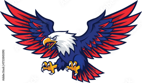 American bald eagle sports mascot in an attacking pose with red, white, and blue wings for a team emblem