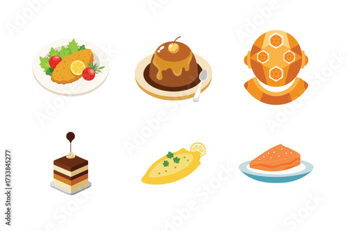 Six delicious desserts and savory food illustrations