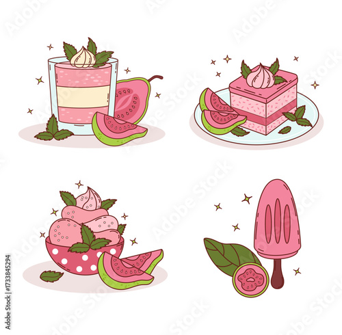 Guava Creamy sweet dessert collection. Cake, mousse, popsicle and ice cream stick with Mint leaves and tropical Pink fruit slices. Vector Illustration. Exotic food for menu design, healthy themes