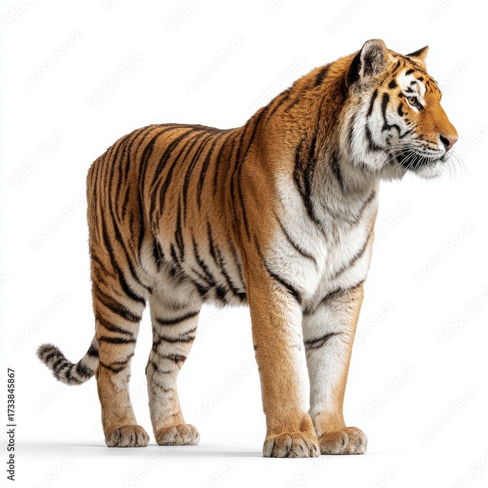 Obraz premium A majestic tiger stands in a graceful pose, showcasing its distinctive stripes and powerful presence