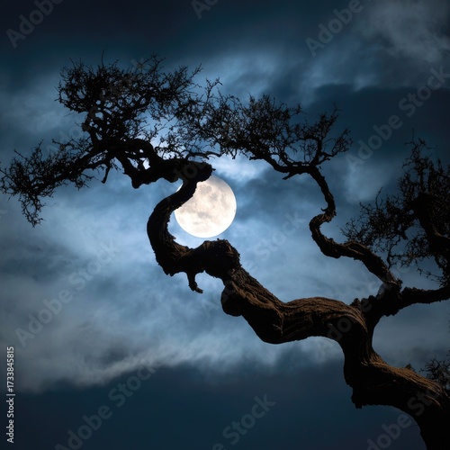 A gnarled, twisted tree branch with a full moon in the background, set against a dark, cloudy sky