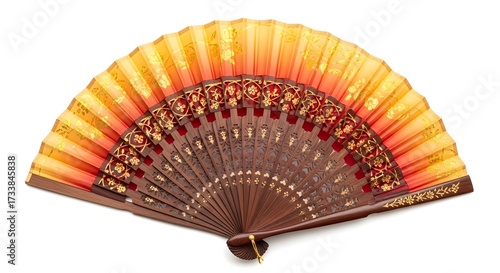 Elegant spanish hand fan with floral pattern isolated on white background