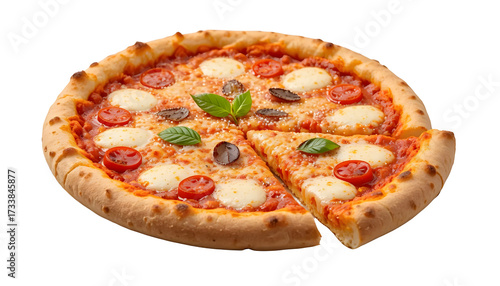 A freshly baked margherita pizza with vibrant tomato sauce, and a sprinkle of melted mozzarella cheese isolated on white and transparant background