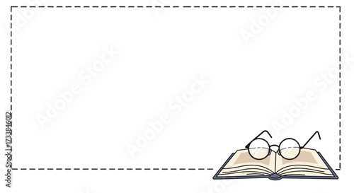 Glasses resting on an open book with blank space for text  