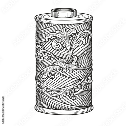 Decorative spool of thread with intricate floral pattern  