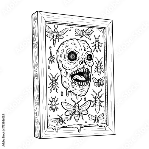 Skull artwork with insects in a framed design for Halloween  