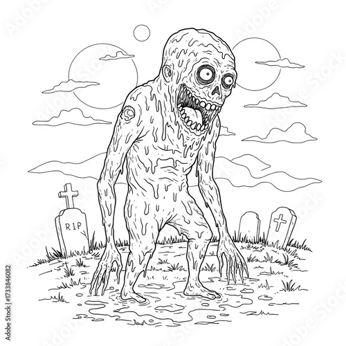 Zombie character standing in graveyard with tombstones and clouds  