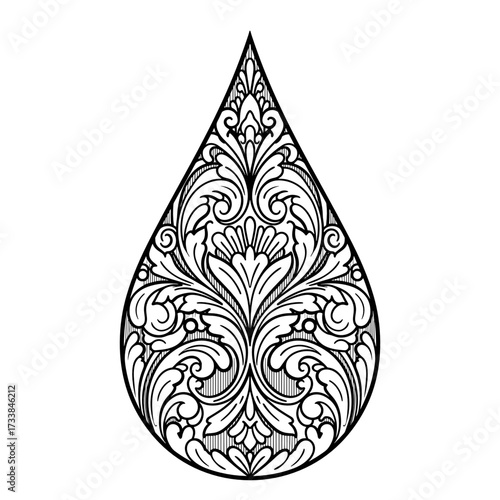 Ornate floral pattern in teardrop shape for graphic design  