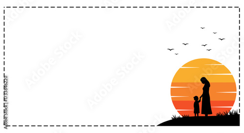 Silhouette of mother and child standing together at sunset  