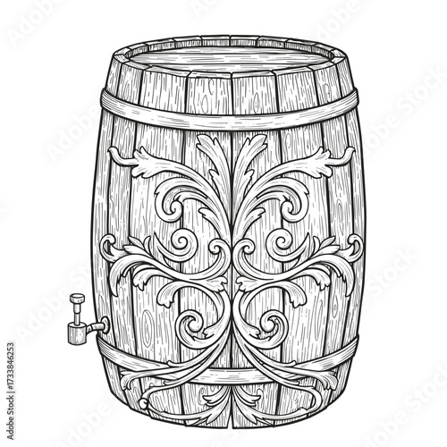 Wooden barrel with ornate design and spigot for beverages  