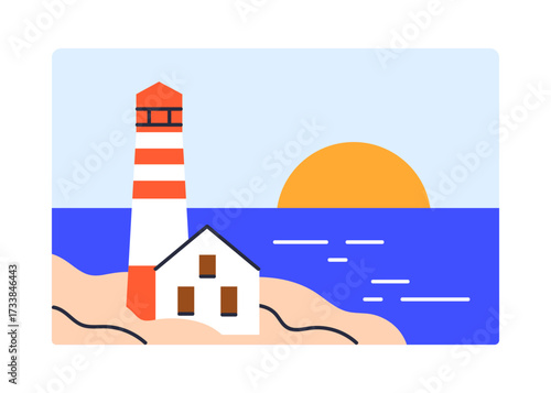 Lighthouse by sea at sunset. Calm seaside summer landscape with beacon tower on coast, ocean shore, evening sun on sky. Peaceful marine nautical scenery with light house. Flat vector illustration.