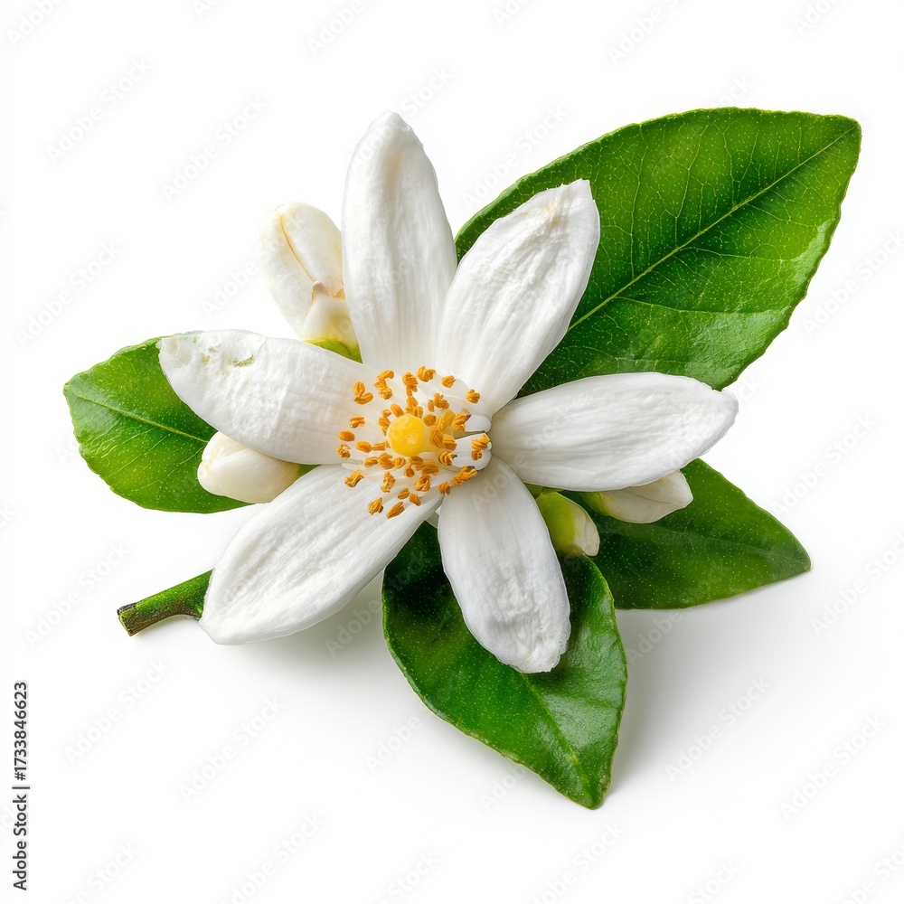 Fototapeta premium Close-up of a delicate orange blossom with vibrant green leaves
