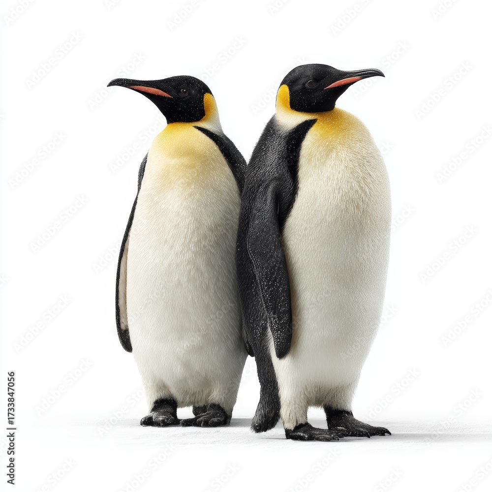 Obraz premium Two emperor penguins stand side-by-side, their distinctive black and white plumage clearly visible against a plain background