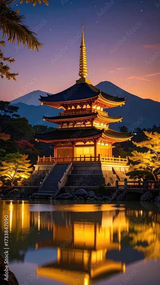 Obraz premium Illuminated Pagoda at Twilight with Mountain Backdrop and Water Reflection
