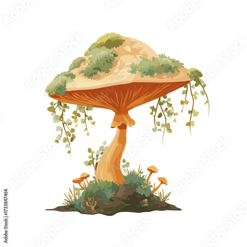 Vector illustration of a mushroom covered in moss