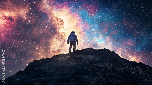 Fototapeta Naklejka Na Ścianę i Meble -  Astronaut gazes at cosmic nebulae from a rocky peak