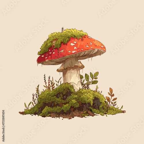 Vector illustration of a mushroom covered in moss