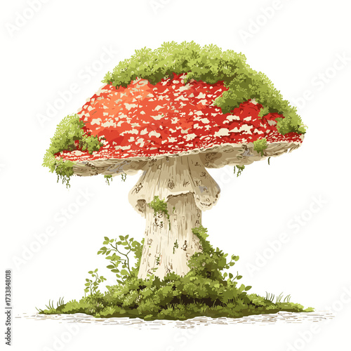 Vector illustration of a mushroom covered in moss