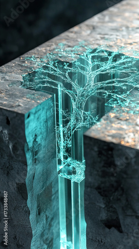 Abstract glowing tree growing through layers of glass and concrete
