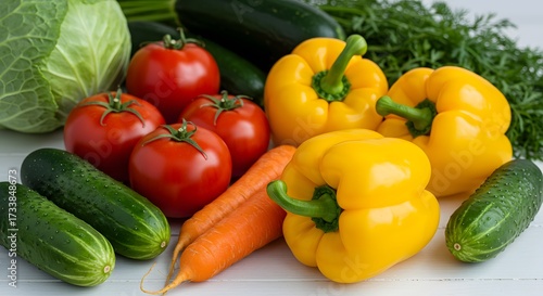 Vibrant Assortment of Fresh Garden Vegetables: Tomatoes, Bell Peppers, Cucumbers, Carrots, and Cabbage