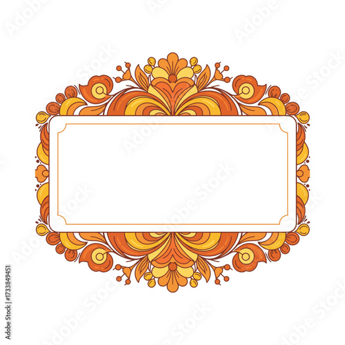 An ornate, oval-shaped frame with a blank rectangular space, featuring floral and flowing design elements.