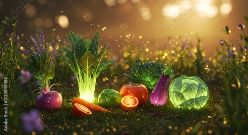 Glowing Vegetables in Enchanted Garden: Fantasy Food Illustration with Magical Light