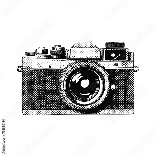 Halftone camera vector illustration, vintage and retro photography camera clipart, grunge dot pattern camera icon design, Classic film camera, Digital and print art camera logo