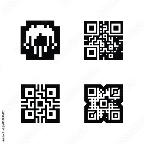 Vector art of four different qr codes in black and white, one with a pixelated mustache design