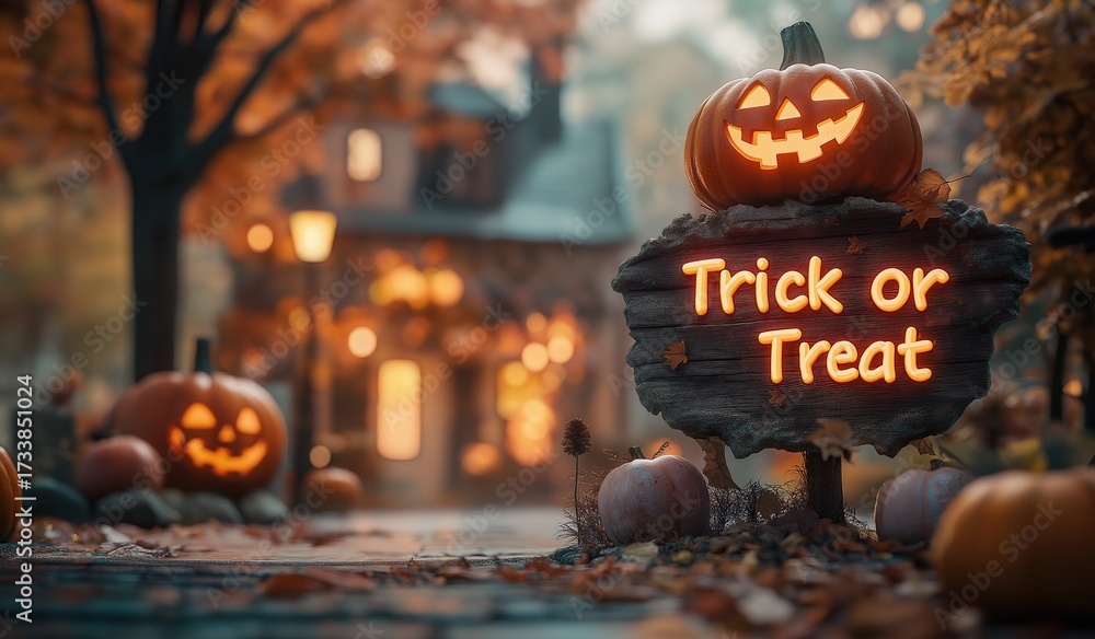 Obraz premium A wooden sign with glowing text trick or treat surrounded by Halloween pumpkins in a quaint town decorated for the holiday with orange lights