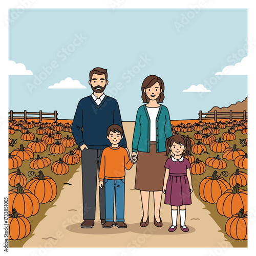 Happy family enjoys autumn fun at a vibrant pumpkin patch picking pumpkins 