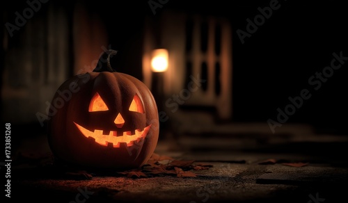 A Halloween pumpkin with a carved face on a dark background in front of a house at night representing the Halloween concept