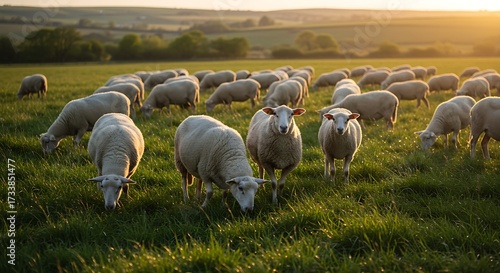 Flock of sheep grazing in a vibrant green field under warm sunlight