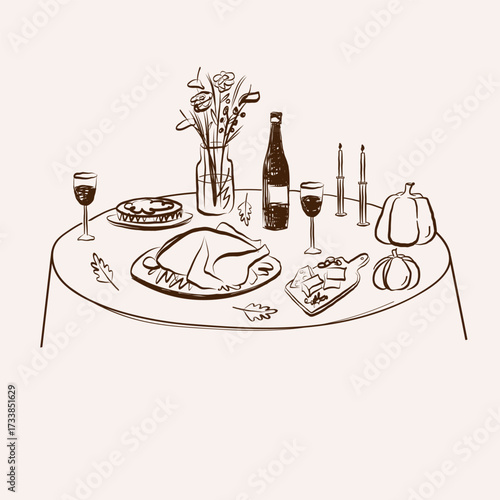 Sketch of table set with tablecloth and food on isolated background. Hand drawn fall dinner for Thanksgiving, autumn holidays, wedding, event. Vector illustration. Design for card, print, flyer, card