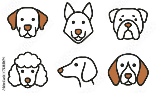 Six minimal dog breed icons including Labrador Retriever, German Shepherd, Bulldog, Poodle, Dachshund, and Beagle