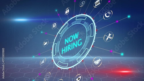 Now hiring Business finance concept on screen. glowing blue circular holographic display, sci-fi business concept, 3d , Futuristic technology interface, digital data visualization,4k video