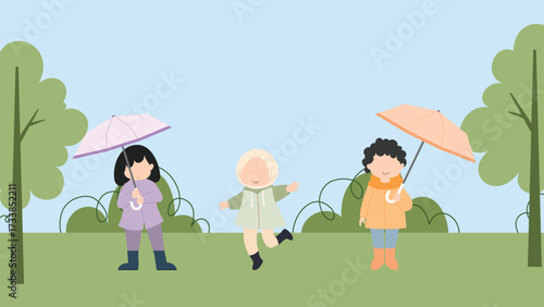 Hand drawn illustration during the rainy season with a kids wearing a raincoat and holding an umbrella