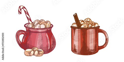 Hand drawn vintage sketch of hot cocoa mugs with marshmallow candy cane and cinnamon in colored version