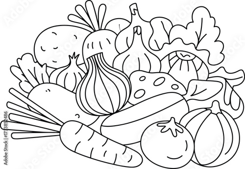 Assortment of Vegetables and Fruits Outline Drawing Keywords: vegetables, fruits, food, healthy