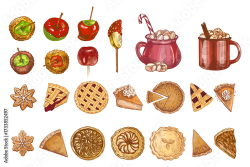 Hand drawn vintage sketch of candy apples, cocoa mugs and festive pies in colored Christmas holiday set