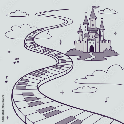Road to a fantasy future. An illustration of a winding keyboard path leads to a dreamy castle among clouds and musical notes, against a light background.

