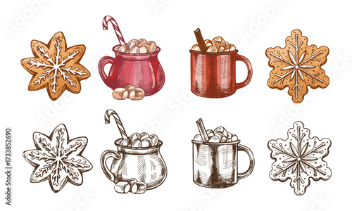 Hand drawn vintage sketch of Christmas cookies and hot chocolate mugs with marshmallow in colored and monochrome version